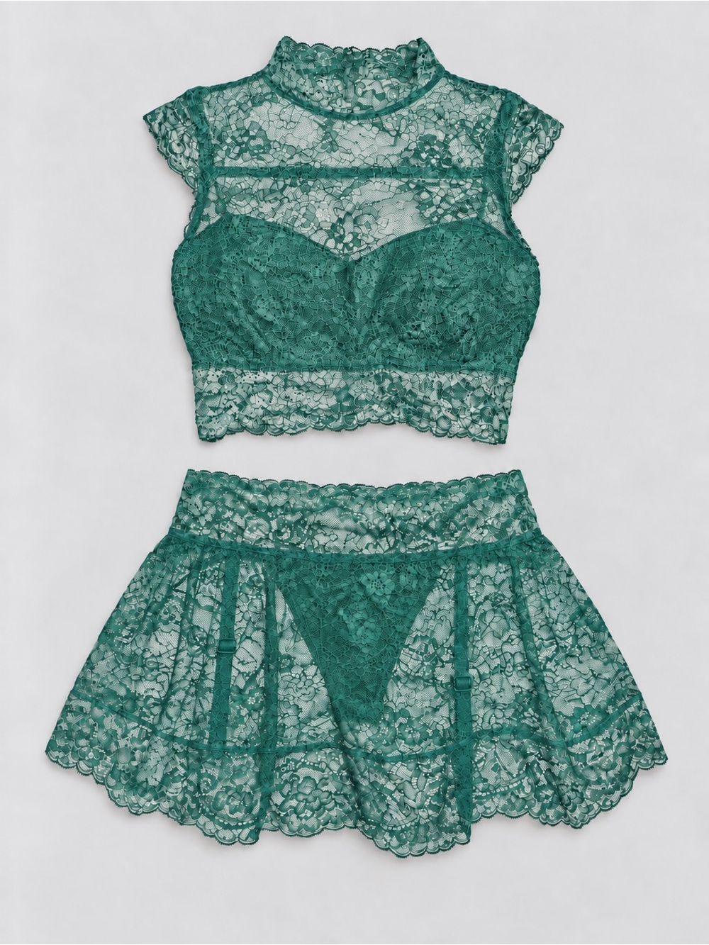 La Vie En Rose Teal Green Lace High-Neck Bralette and Skirt Set